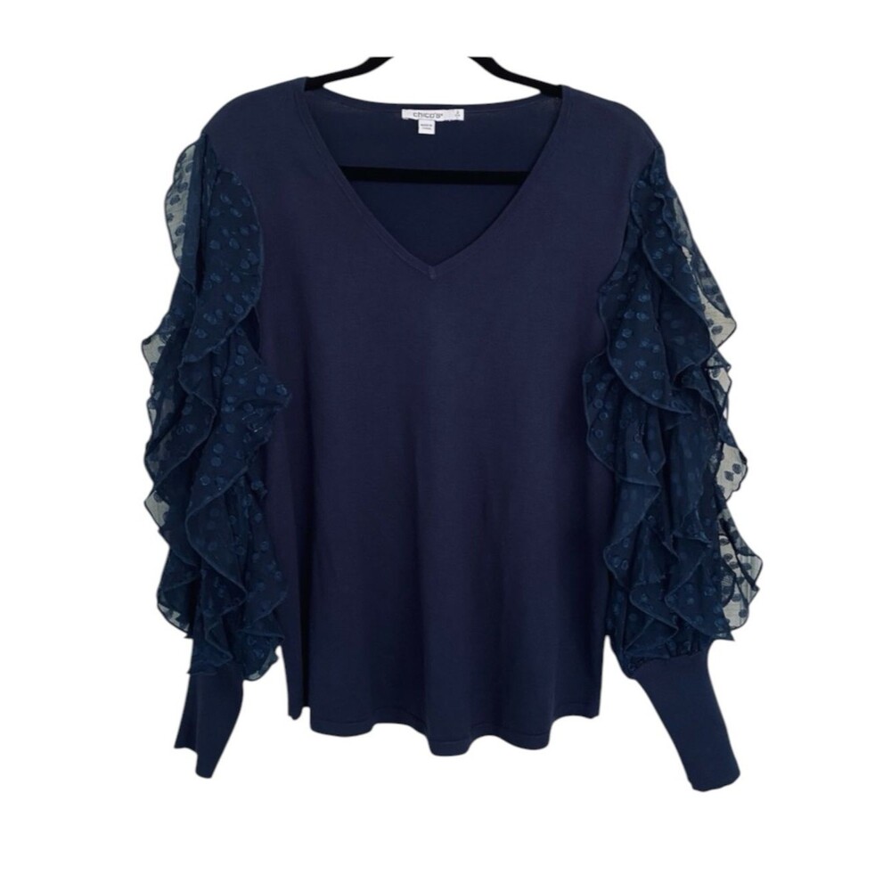 Chico’s Blue Metallic Ruffle Sleeve Sweater Size 2 Large NWT V Neck Top